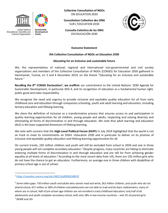Outcome Statement 9th Collective Consultation of NGOs on Education 2030