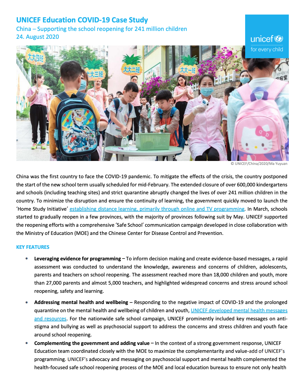 COVID-19 Case Study: China – Supporting the school reopening for 241 million children