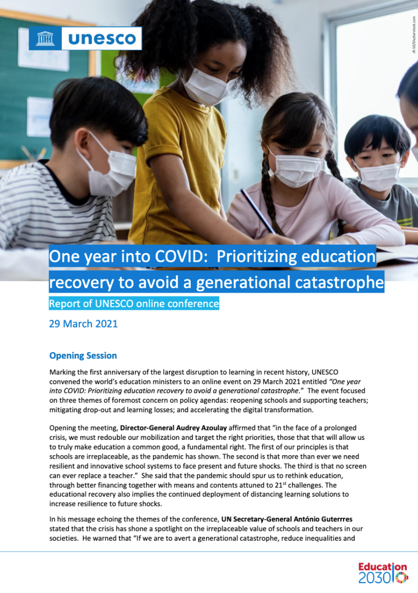 One year into COVID: prioritizing education recovery to avoid a generational catastrophe