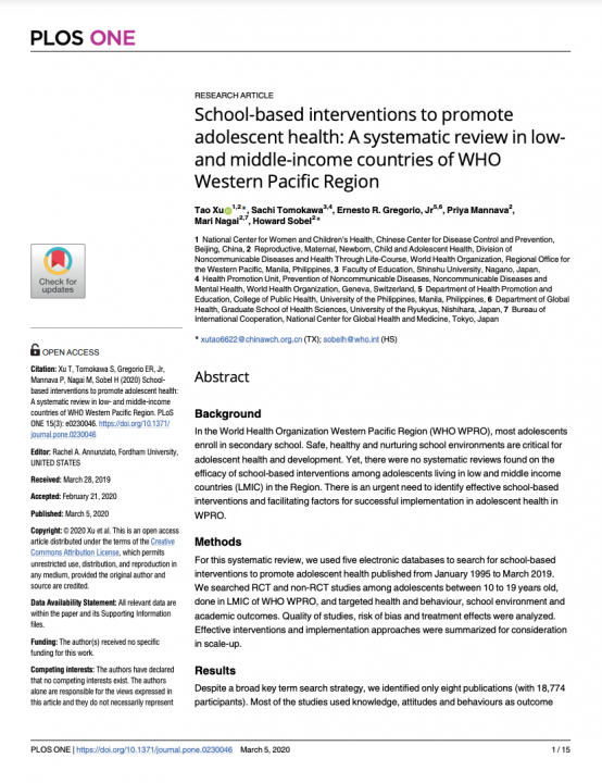 School-based interventions to promote adolescent health: A systematic review in low- and middle-income countries of WHO Western Pacific Region